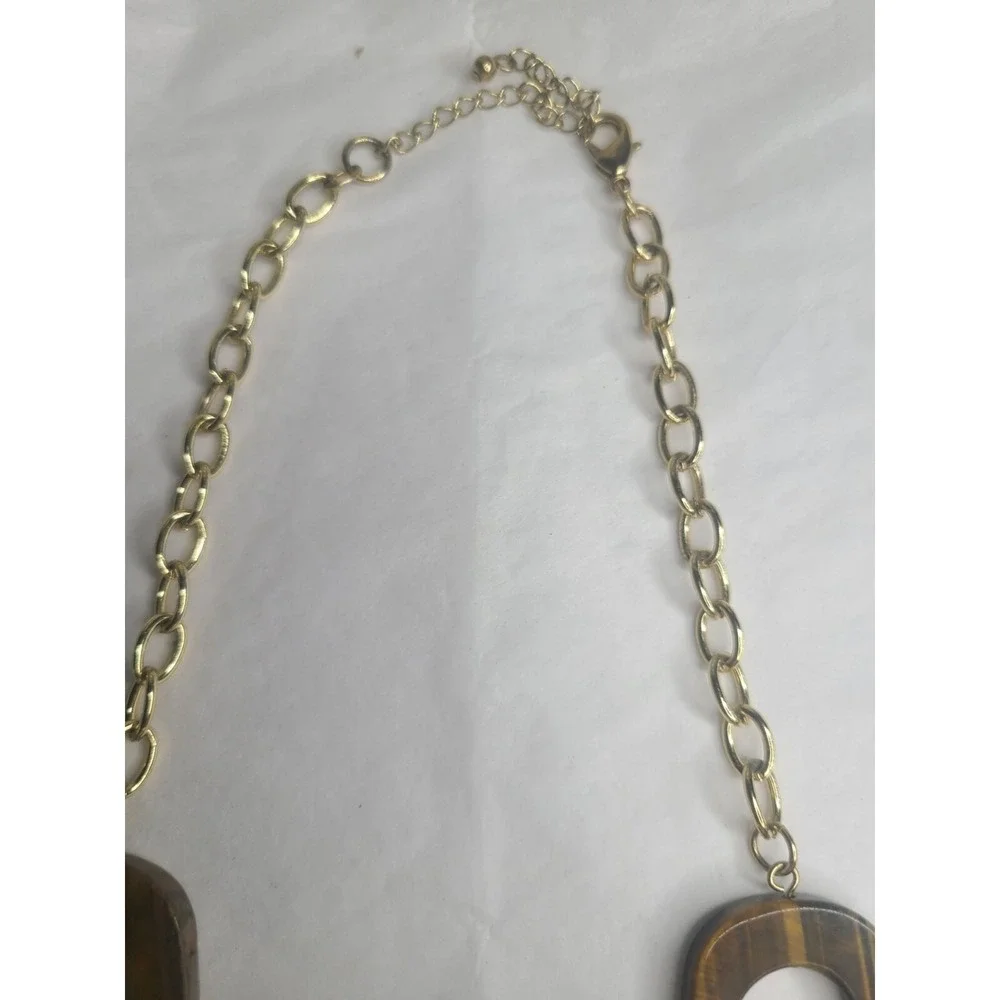 Boho Chic Triple Layered Tigers Eye and Wood Beaded Necklace  Gold Tone Accents
